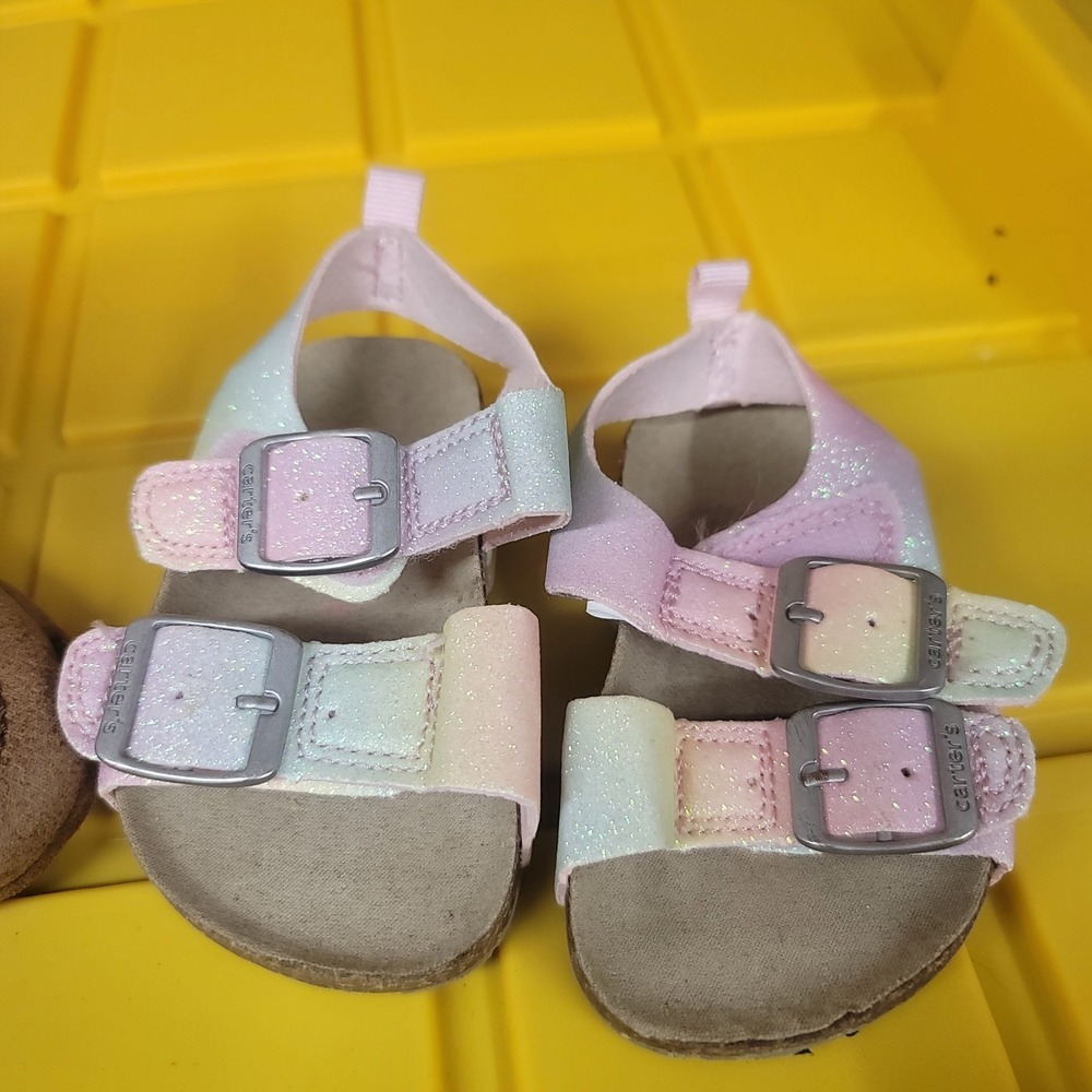 Lil Boot Barn Pink Star Cowboy Boots & Carters Glitter Rainbow Sandals Size 4